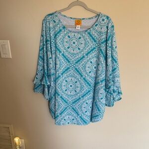 Ruby Rd. Teal and White Mandala Ruffle-Sleeve Tunic